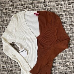 STAUD Two-Tone Ribbed V-Neck Cardigan in Cream & Brown